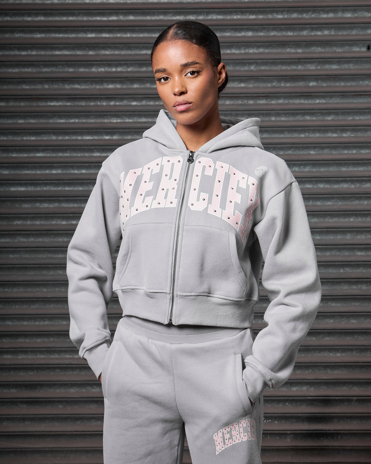Women's Studded Zip Hoodie Grey, image 5