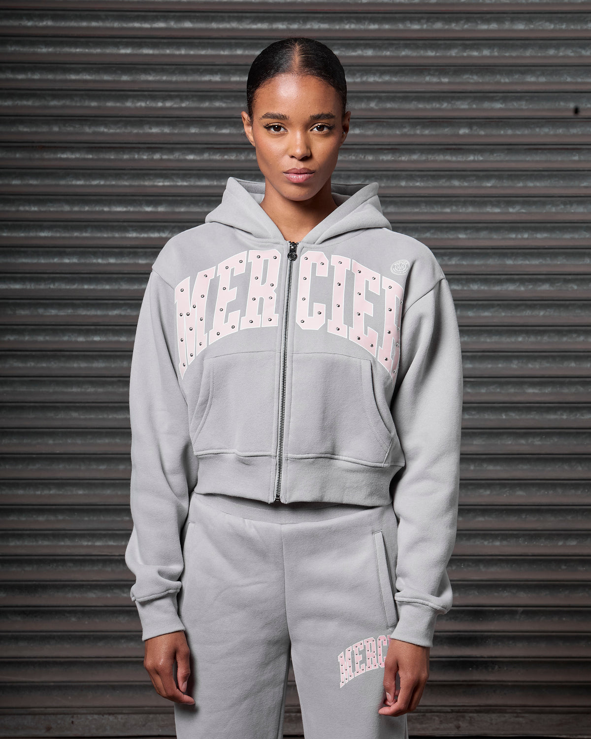 Women's Studded Zip Hoodie Grey, image 3