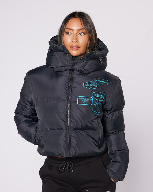Womens Cropped Puffer Jacket Black/Aqua