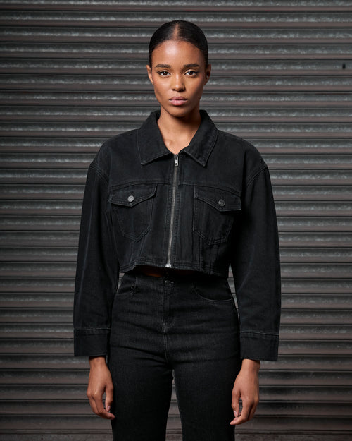 Womens Denim Jacket Black Red