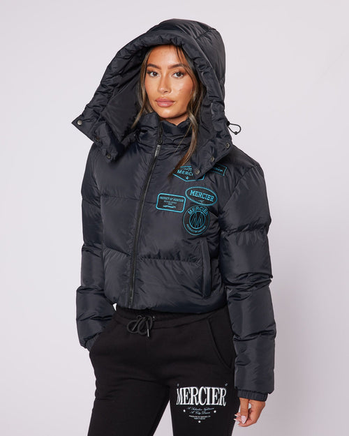 Womens Cropped Puffer Jacket Black/Aqua