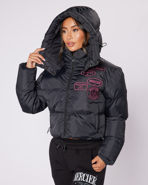 Womens Cropped Puffer Jacket Black/Pink